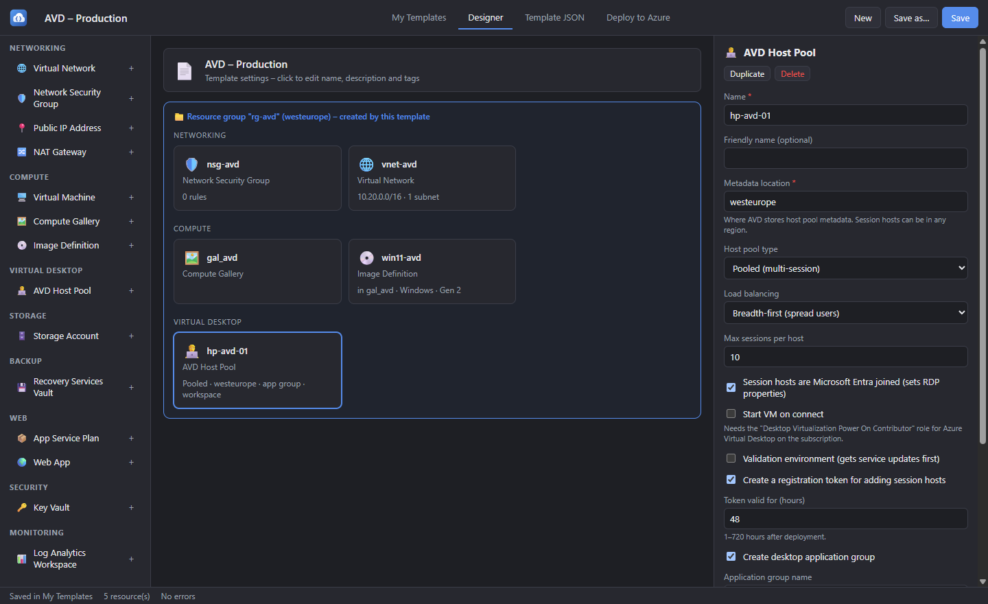 The designer: an AVD environment with network, compute gallery, image definition and host pool inside a resource group created by the template, with the host pool settings open on the right.